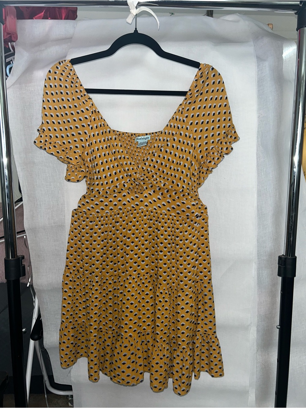 Nostalgia Mustard Yellow Mini Dress with Black & White Motif